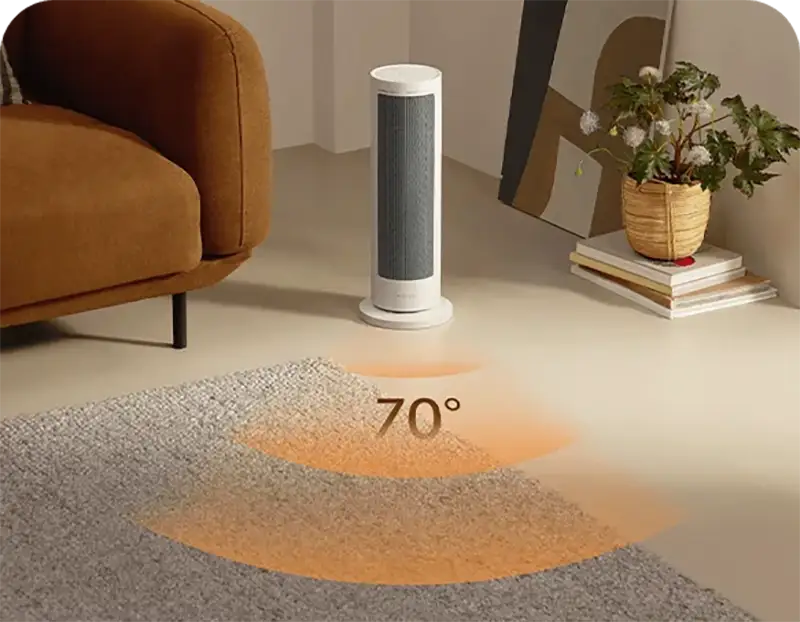 El calefactor inteligente Xiaomi Smart Graphene Heater demostrando su función de oscilación de 70 grados para una distribución amplia y uniforme del calor en un salón moderno.