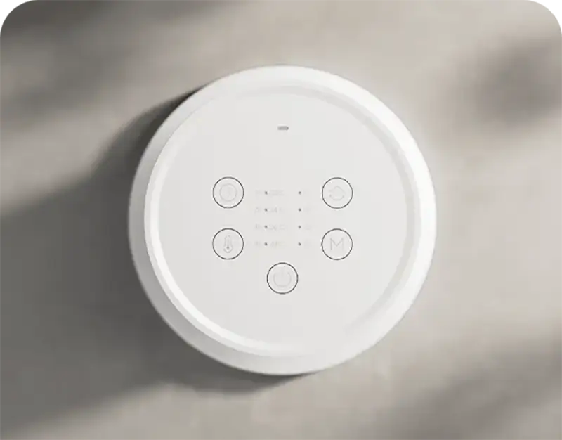Panel de control táctil superior del calefactor inteligente Xiaomi Smart Graphene Heater, mostrando los botones intuitivos para encendido, temperatura, modos de calor y oscilación.