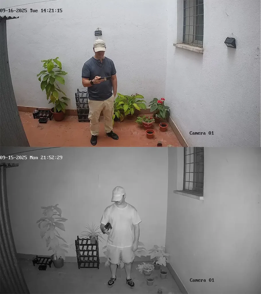 Comparativa de la calidad de imagen de la cámara de seguridad ANNKE C500 (I51DM01) en un patio. La imagen superior muestra una escena diurna nítida a color, y la inferior muestra la misma escena de noche con una clara visión nocturna por infrarrojos.