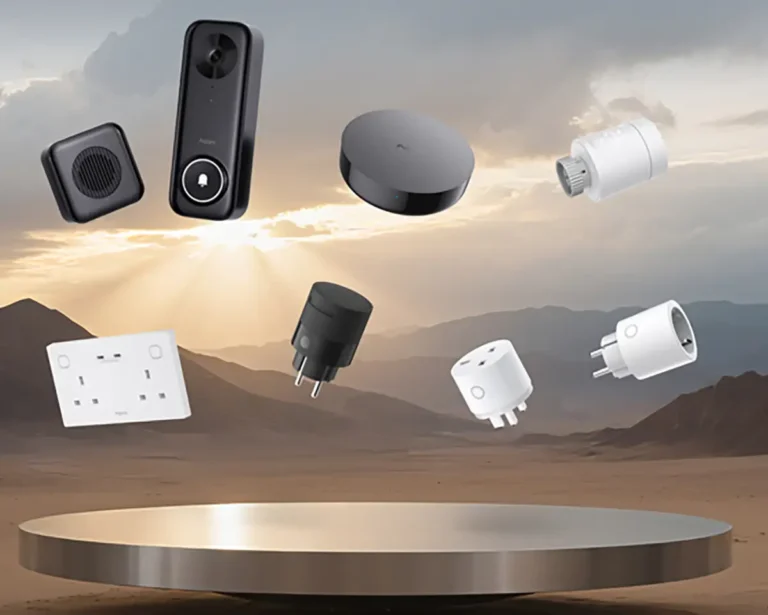 Gama completa de las novedades de Aqara para el hogar inteligente en IFA 2025. Se muestran el timbre G400 (2K), el Hub M200 (Matter y Thread), el termostato W600 (Zigbee/Thread) y la serie H2 de enchufes con medición de consumo, para un ecosistema de domótica completo.