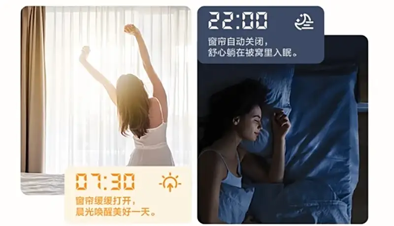 Imagen promocional del motor de cortina Aqara C200 mostrando sus automatizaciones: a la izquierda, las cortinas se abren a las 7:30 para un despertar natural; a la derecha, se cierran a las 22:00 para dormir.