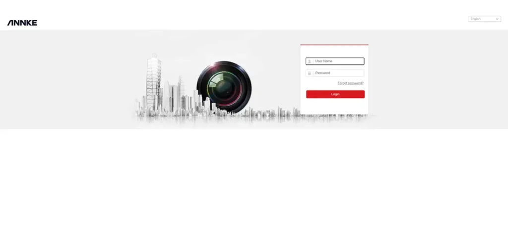 Interfaz web de la cámara de seguridad ANNKE C500, mostrando la pantalla de login para acceder a la configuración avanzada del dispositivo a través de un navegador.