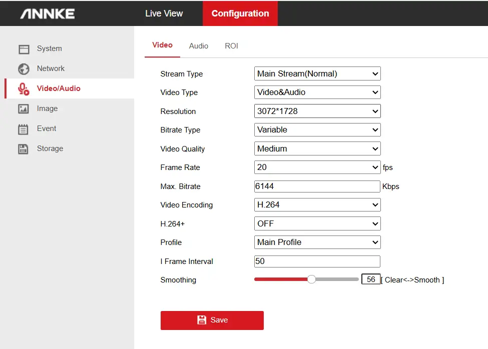 Panel de configuración de vídeo de la cámara IP ANNKE C500 (I51DM01) en su interfaz web. Se muestran los ajustes del stream principal, como la resolución 3072x1728, el bitrate variable y el códec de vídeo H.264.
