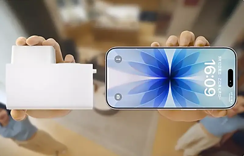 Comparativa de tamaño del motor de cortina Aqara C200 junto a un iPhone para mostrar su diseño compacto y pequeño, ideal para una instalación oculta.