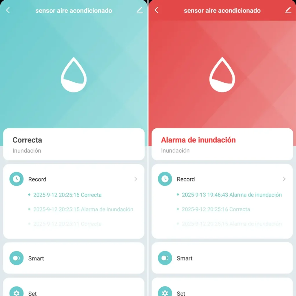 Interfaz de la app Tuya para un sensor de fugas de agua, comparando los dos estados. A la izquierda, la pantalla en azul turquesa indica el estado normal 'Correcta' (seco), y a la derecha, la pantalla en rojo muestra la 'Alarma de inundación' que se activa al detectar agua, junto al historial de eventos