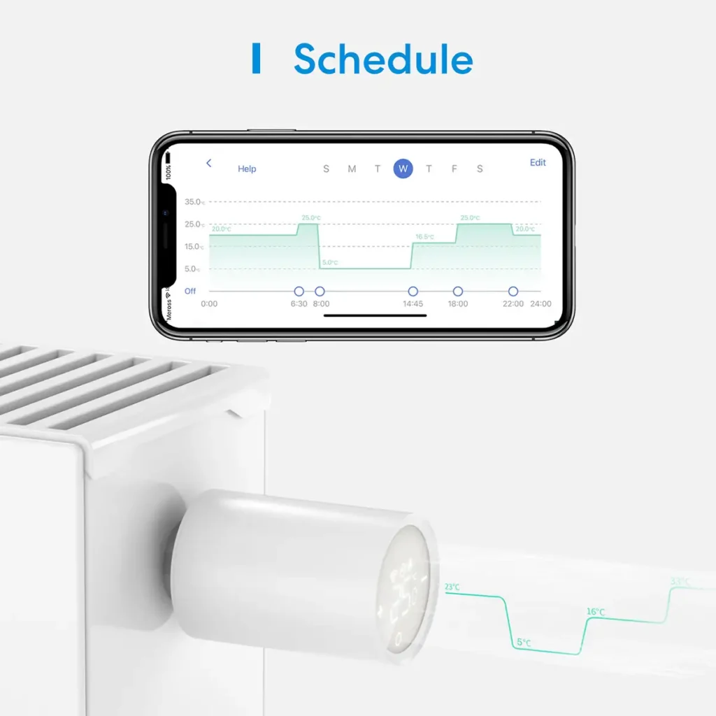Programación de horarios de calefacción para el termostato inteligente Meross MTS150 a través de su app. La imagen muestra un smartphone con un gráfico para establecer diferentes temperaturas a lo largo del día, optimizando así el ahorro energético y el confort.