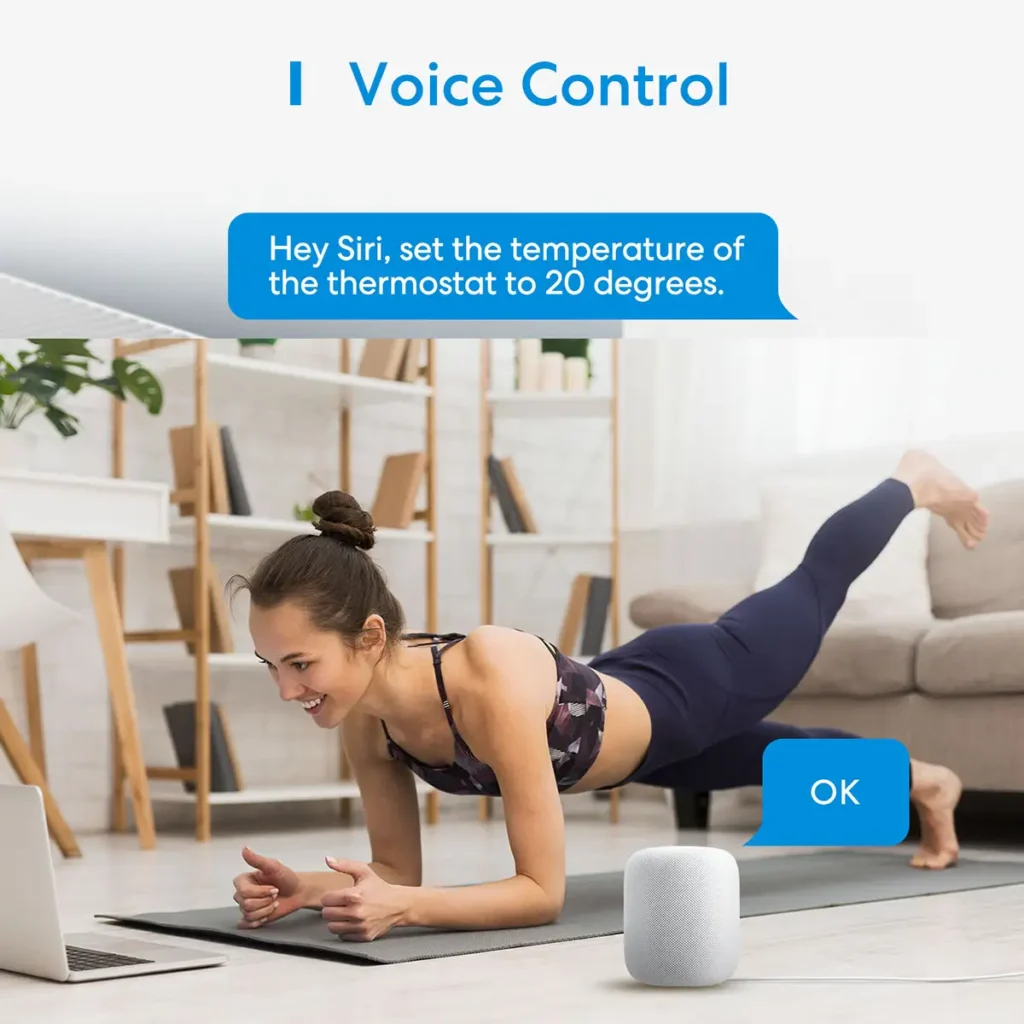 Una mujer haciendo ejercicio en casa utiliza el control por voz con Siri para ajustar la temperatura del termostato inteligente Meross. La imagen muestra un altavoz inteligente y el comando "Hey Siri, set the temperature of the thermostat to 20 degrees" para un control manos libres de la calefacción.
