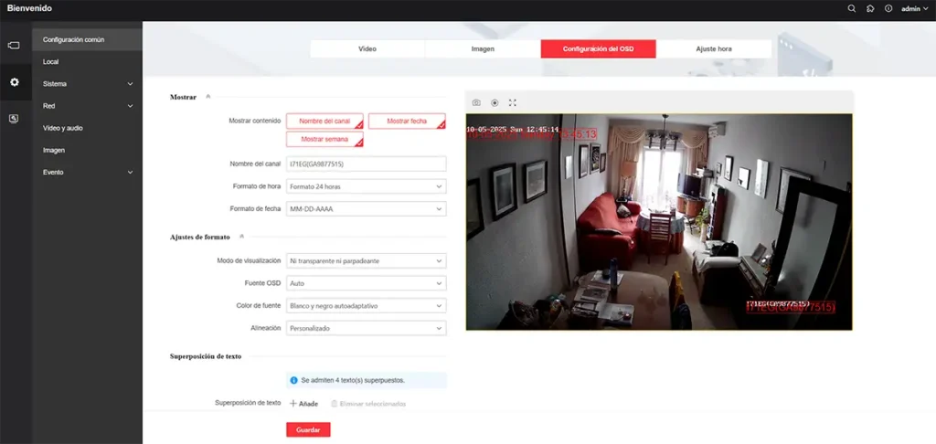 Captura de pantalla de la interfaz web de una cámara de seguridad, mostrando el menú de 'Configuración del OSD'. Se configuran las opciones de superposición de texto, como el nombre del canal y la fecha, con una vista previa en directo que muestra cómo aparecerán estos datos en la imagen de vídeo.