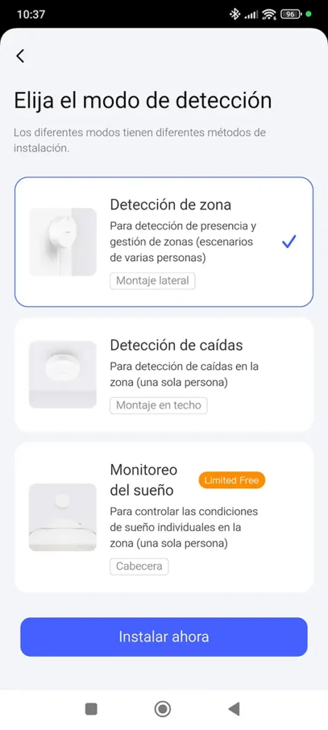 Configuración de los modos de detección del sensor de presencia Aqara FP2 en la app Aqara Home. Se muestran las opciones de Detección de zona, Detección de caídas y Monitoreo del sueño