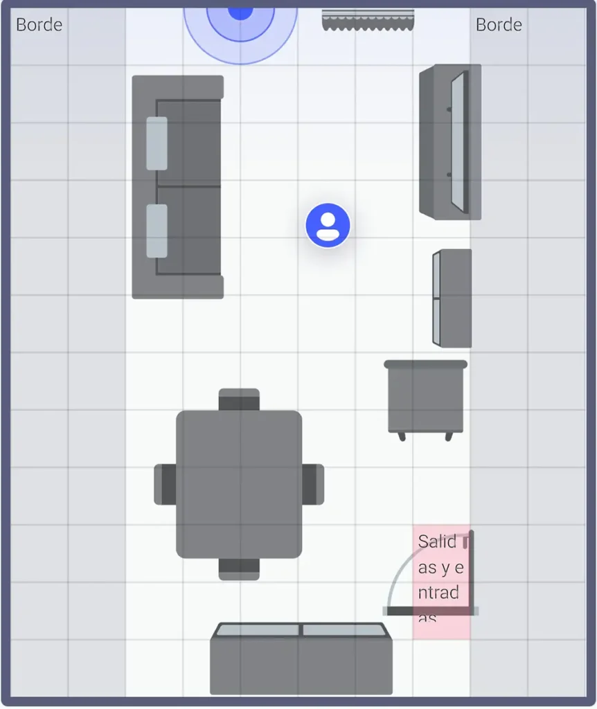 Mapa de la app del Aqara FP2 mostrando el posicionamiento por zonas del radar mmWave. Se visualiza una persona detectada, muebles y una zona de 'salidas y entradas' definida para automatizaciones