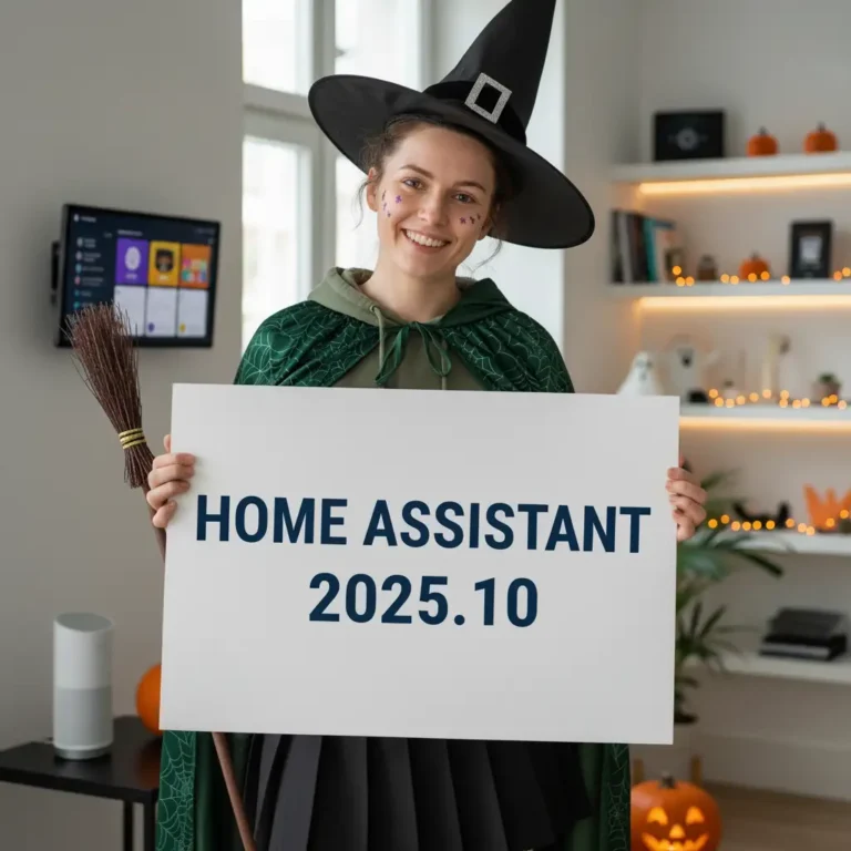 Una joven sonriente con un disfraz de bruja, incluyendo sombrero, capa y escoba, sostiene un cartel que dice "HOME ASSISTANT 2025.10". El fondo es un salón moderno decorado para Halloween con calabazas, luces y un tablet en la pared mostrando un dashboard de Home Assistant.
