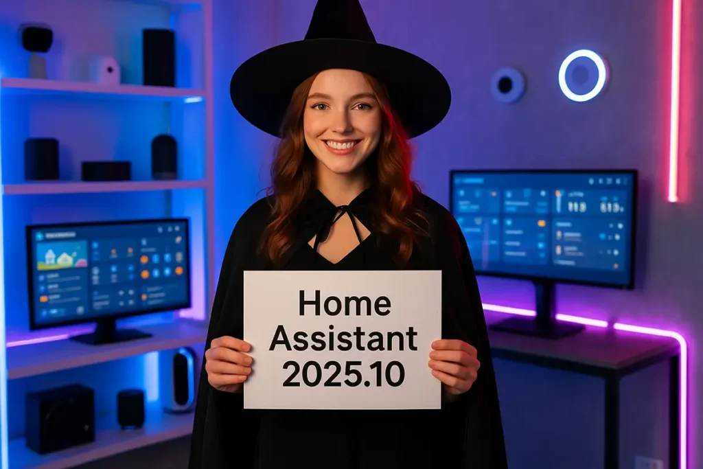 Una joven sonriente vestida de bruja con sombrero y capa negros, en una habitación con luces de neón azules y rosas. Sostiene un cartel que dice "Home Assistant 2025.10". Al fondo, dos monitores muestran paneles de control de domótica.