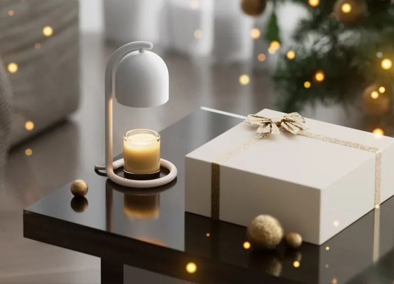 Lámpara calentadora de velas de SwitchBot en color blanco y diseño minimalista, creando un ambiente navideño acogedor en un salón moderno. El dispositivo derrite una vela de forma segura y sin llama junto a una caja de regalo, ideal como obsequio tecnológico para el hogar.