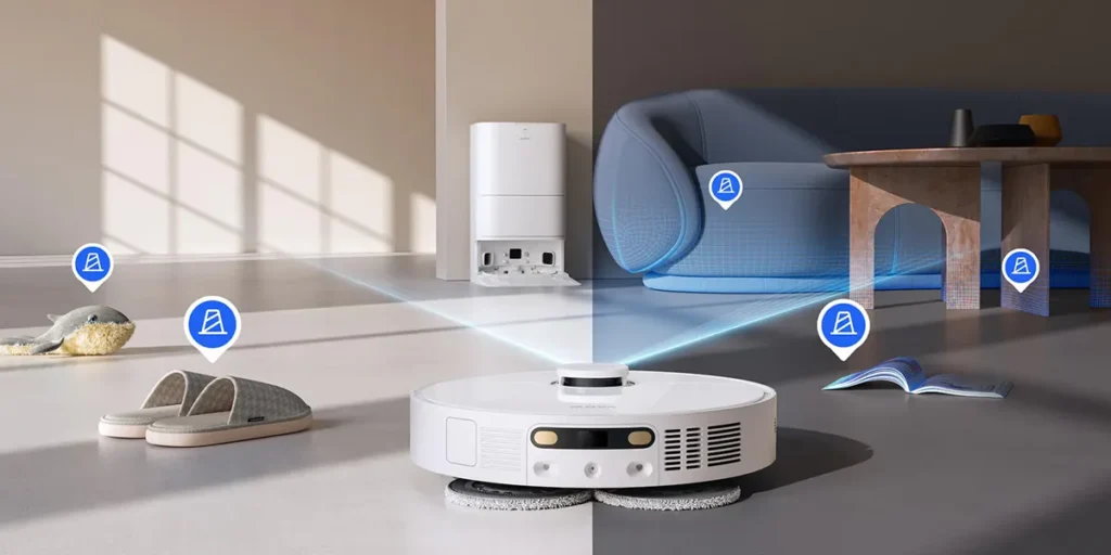 Demostración del sistema de seguridad del Mova E40 Ultra, que utiliza su pareja de sensores LDS y láser de línea única para detectar y esquivar obstáculos comunes en el hogar. El robot identifica zapatillas, juguetes y libros para evitar choques y bloqueos durante la limpieza.