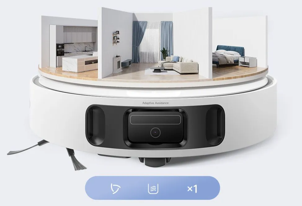 Primer plano del robot Mova E40 Ultra mostrando su sistema de navegación con láser de línea única para la evasión de obstáculos (Adaptive Avoidance). Sobre el robot, un mapa 3D de una casa representa su función de mapeo inteligente por habitaciones y el software Clean Genius.