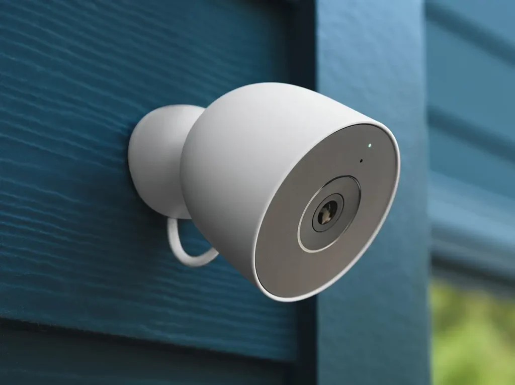 La nueva cámara de seguridad Google Nest Cam Exterior 2K, instalada en la pared azul de una casa, mostrando su diseño minimalista en color blanco y el LED de estado encendido