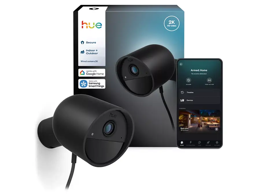 Cámara Philips Hue Secure 2K con cable para interior y exterior, integración con luces Hue