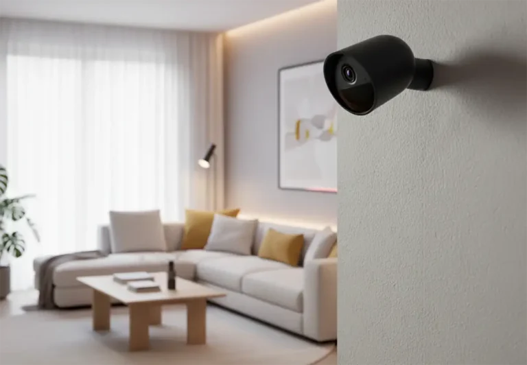 Cámara de seguridad Philips Hue Secure en color negro, instalada de forma discreta en la pared de un salón moderno y luminoso. Representa la vigilancia interior y la seguridad para un hogar inteligente.