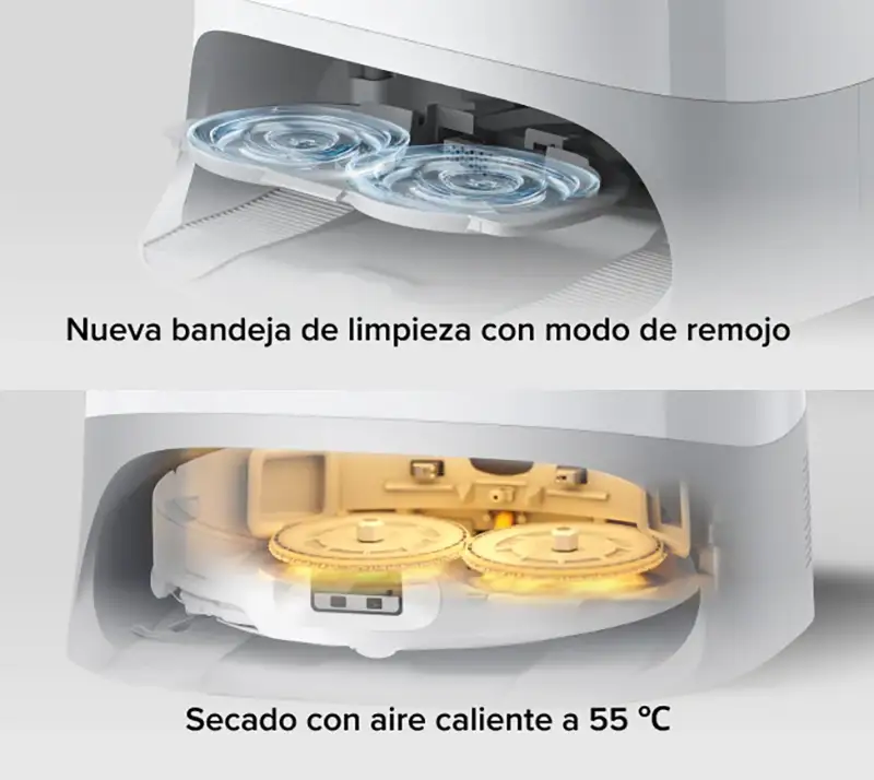 Imagen compuesta que muestra dos funciones de la base de autolimpieza del Roborock Qrevo Curv 2 Pro. La imagen superior ilustra la "Nueva bandeja de limpieza con modo de remojo" y la inferior muestra el "Secado con aire caliente a 55 °C" de las mopas.