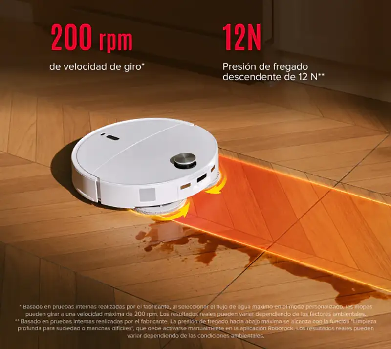Imagen promocional del robot aspirador Roborock Qrevo Curv 2 Pro mostrando su sistema de fregado con doble mopa giratoria sobre un suelo de madera. El gráfico destaca dos características clave: "200 rpm de velocidad de giro" y "12N de presión de fregado descendente".
