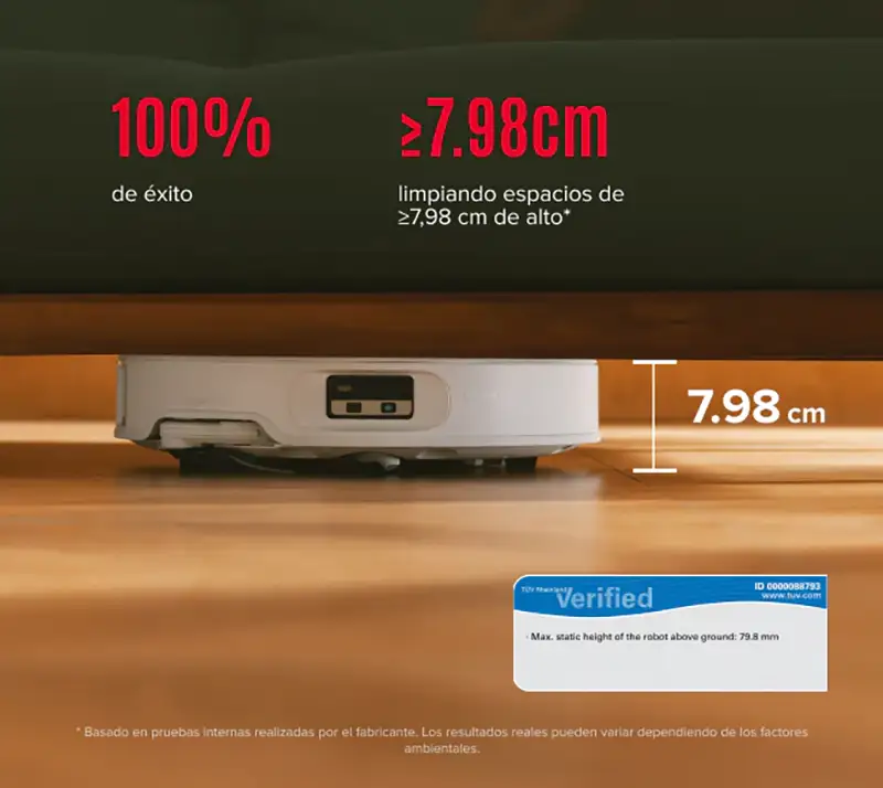 Imagen promocional del Roborock Qrevo Curv 2 Pro demostrando su perfil bajo. El robot aspirador se muestra limpiando bajo un mueble, con un gráfico que destaca su altura de 7,98 cm y su "100% de éxito limpiando espacios de ≥7,98 cm de alto". Un sello de certificación de TÜV Rheinland verifica la medida.