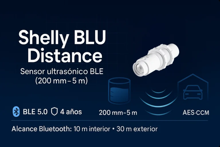 Características principales del sensor de distancia Shelly BLU Distance: sensor ultrasónico BLE con alcance de 5 metros, batería de 4 años y conectividad Bluetooth 5.0.