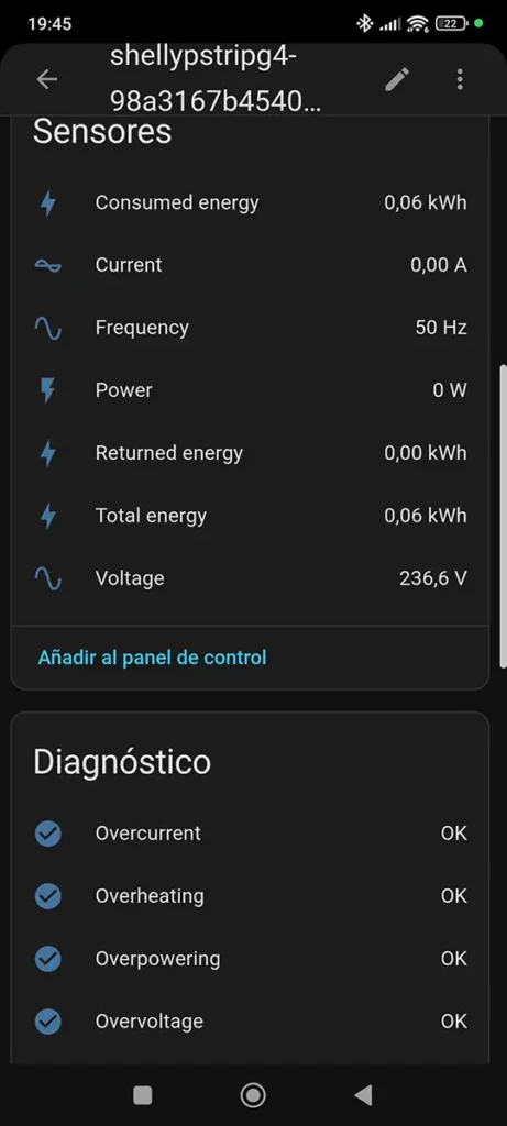 Sensores y entidades de diagnóstico de la regleta Shelly Power Strip 4 Gen4 en Home Assistant. Se muestran los medidores de consumo, potencia y voltaje, y el estado de las protecciones.