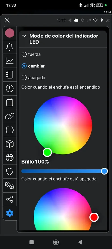Configuración del "Modo de color del indicador LED" en un dispositivo Shelly, mostrando las paletas de color para personalizar el estado de encendido y apagado de las tomas.