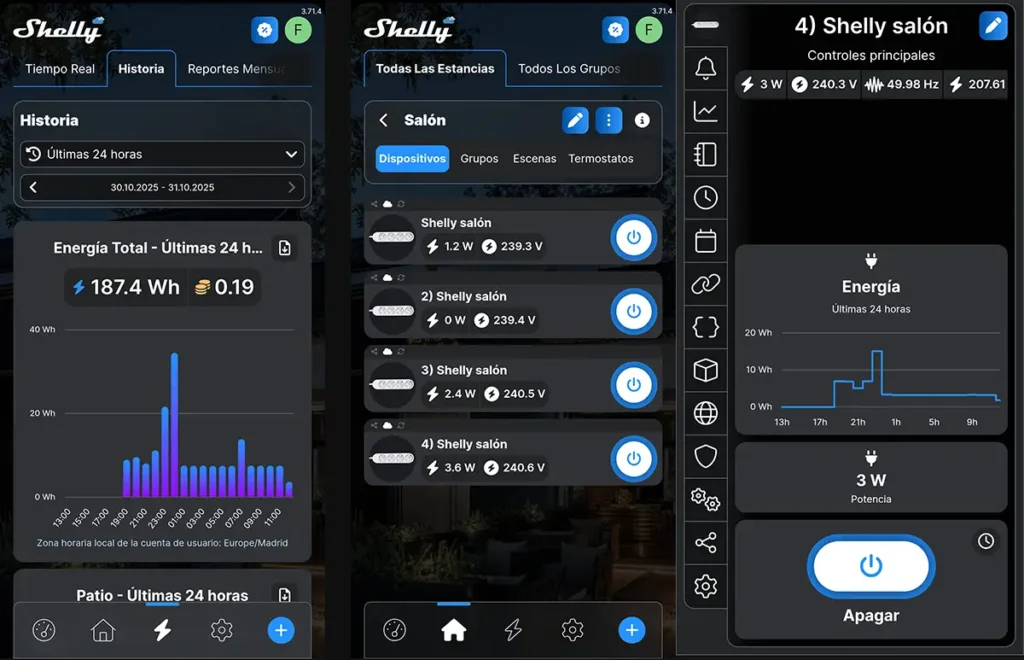 
Aquí tienes los textos concisos para el collage de imágenes.
Texto ALT
Collage de capturas de pantalla de la app Shelly mostrando la medición de consumo individual de la regleta Shelly Power Strip 4 Gen4, con gráficos de historial y control por toma.