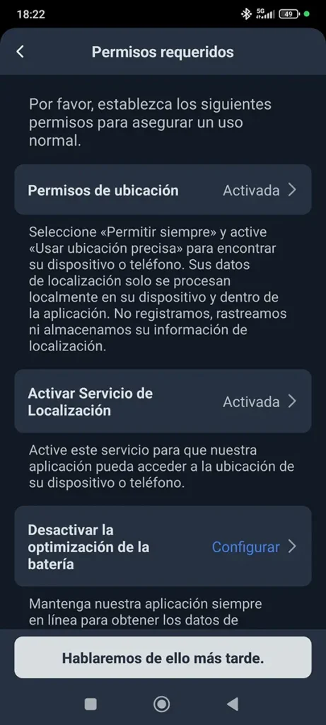 Pantalla de configuración de la aplicación SwitchBot para el Safety Alarm. Se listan los permisos necesarios para su funcionamiento: 'Permisos de ubicación' y 'Activar Servicio de Localización' ya activados, y la opción crítica 'Desactivar la optimización de la batería', que el usuario debe configurar manualmente para que la app se mantenga activa