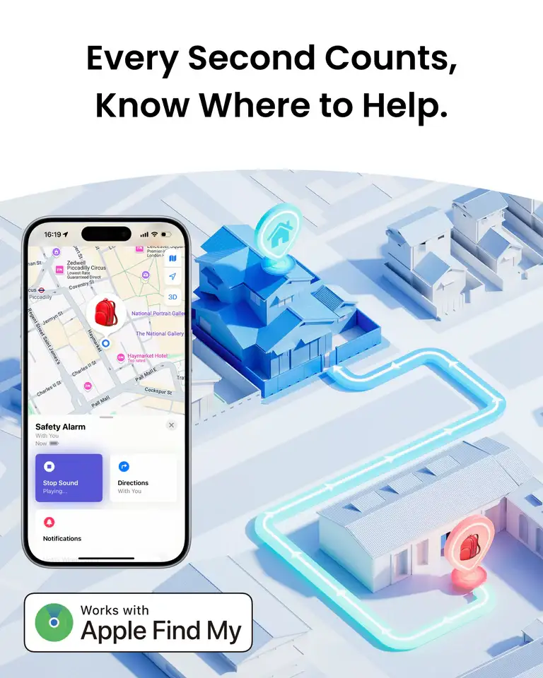 Infografía de la SwitchBot Safety Alarm con el lema "Cada segundo cuenta, sabe dónde ayudar". La imagen muestra un iPhone con la app Apple Find My abierta, mostrando la ubicación exacta de la alarma en un mapa urbano. Un logo oficial confirma que el producto "Funciona con Apple Find My", destacando su capacidad de seguimiento global para emergencias.