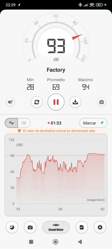 Prueba de sonido de la alarma SwitchBot Safety Alarm registrada con una app de sonómetro. La pantalla marca una lectura actual de 93 dB y un pico máximo de 94 dB. Un gráfico en la parte inferior muestra la variación de la intensidad del sonido a lo largo del tiempo durante la prueba