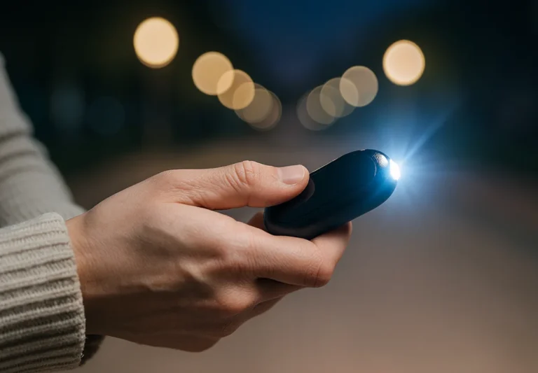 Primer plano de una mano sosteniendo el SwitchBot Safety Alarm por la noche, con la linterna LED del dispositivo encendida y un fondo de luces urbanas desenfocadas