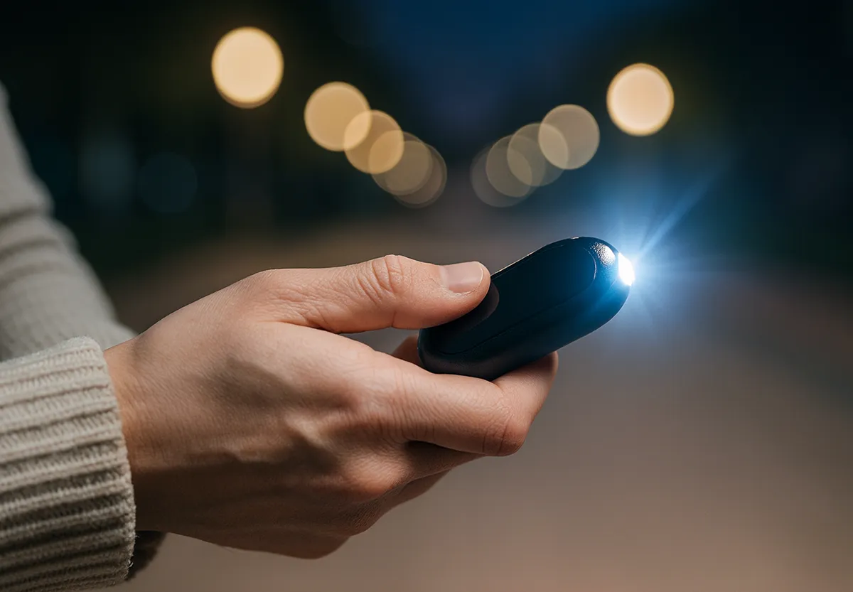 Primer plano de una mano sosteniendo el SwitchBot Safety Alarm por la noche, con la linterna LED del dispositivo encendida y un fondo de luces urbanas desenfocadas