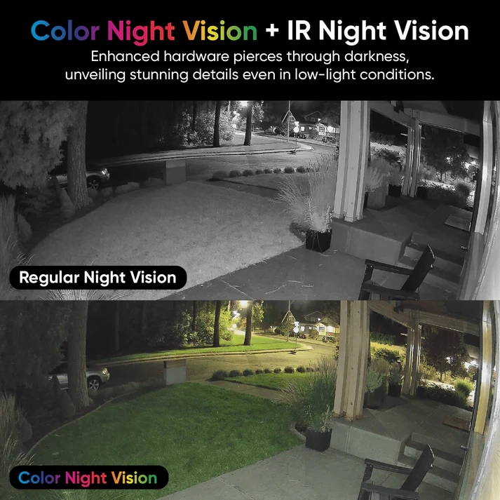 Ejemplo de cómo la cámara de seguridad Wyze Solar Cam Pan con visión nocturna en color mejora la vigilancia del hogar por la noche. La imagen es una comparativa que responde a la pregunta de cómo se ve con visión nocturna infrarroja estándar frente al modo Color Night Vision de la Wyze Solar Cam Pan, que permite distinguir colores para identificar fácilmente personas o vehículos en un jardín.