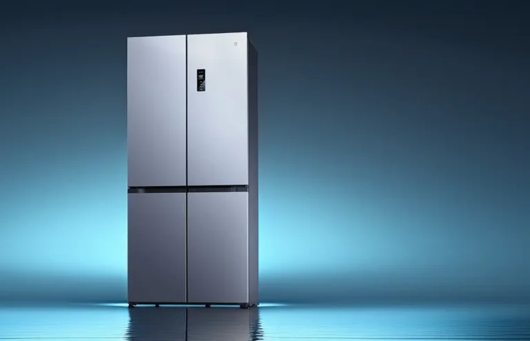 Frigorífico Xiaomi Mijia Refrigerator Cross Door 502L de cuatro puertas con acabado en acero inoxidable, sobre un fondo azul degradado de estudio. Nevera inteligente para una cocina moderna.