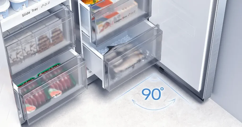 Interior del frigorífico Xiaomi Mijia Refrigerator Cross Door 502L mostrando la zona convertible iFresh. La imagen detalla cómo ajustar la temperatura para pescado (0°C), bebidas (2°C) o verduras (4°C) en sus cajones Fresh Box para una óptima conservación
