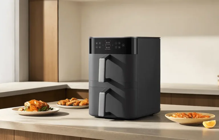 Imagen de la freidora de aire de doble cesta apilada Xiaomi Smart Double Stack Air Fryer 12L. Modelo inteligente de 12 litros en una cocina, ideal para cocinar para toda la familia con sus dos compartimentos