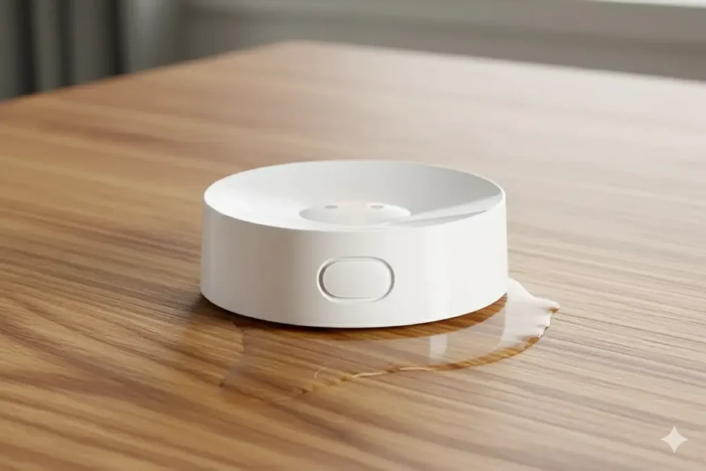El sensor de fugas Xiaomi Water Leak Sensor 2 sobre una mesa de madera, detectando un charco de agua. Se muestra el dispositivo de domótica blanco con su diseño minimalista en un entorno de hogar, ideal para proteger muebles y suelos de daños por inundación. Un gadget de seguridad para el ecosistema Mi Home