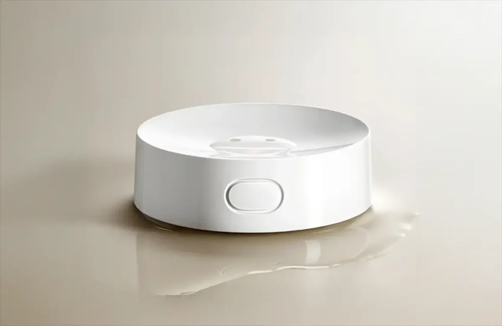 Primer plano del Xiaomi Water Leak Sensor 2, un detector de fugas de agua blanco y redondo, situado sobre un pequeño charco para mostrar su función de detección de inundaciones. Se puede ver el botón frontal, la luz LED de la alarma local encendida y el diseño superior con sondas para goteo. Un dispositivo de domótica para el ecosistema Mi Home y HyperOS Connect