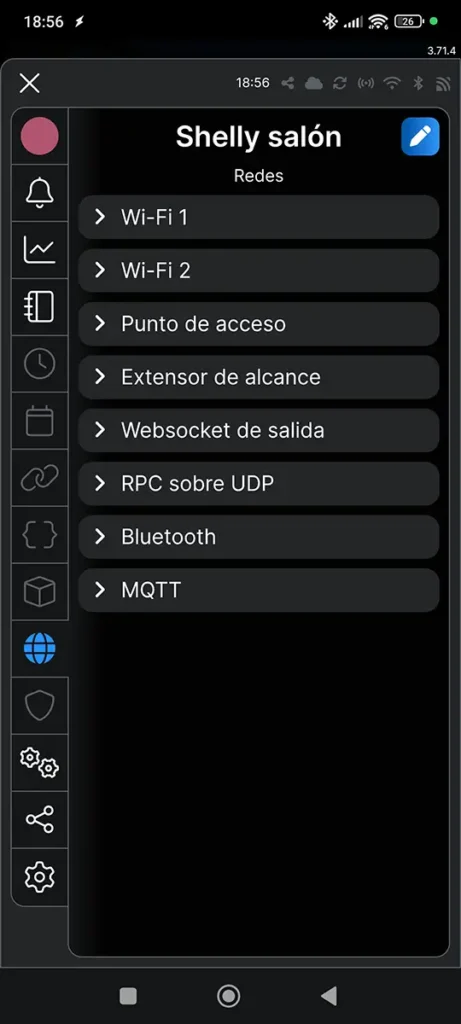 Captura de las opciones de red avanzadas de la Shelly Power Strip 4 Gen4. Destacan la capacidad de configurar dos redes Wi-Fi, usarla como extensor de alcance y activar MQTT para una integración local total con Home Assistant.