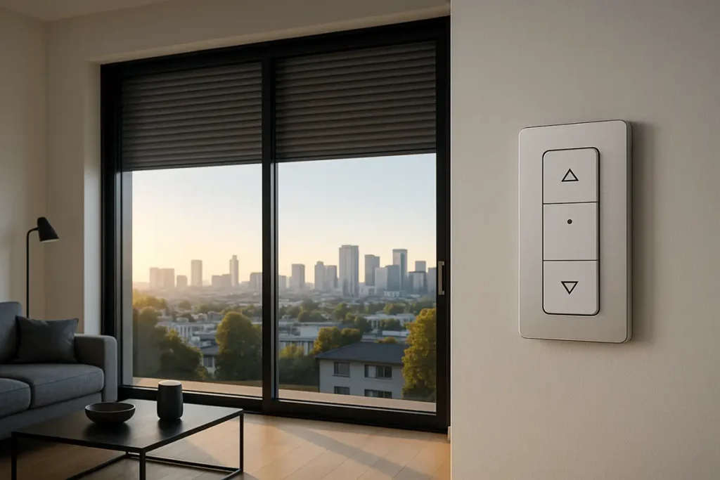 Salón moderno con un gran ventanal y persianas automatizadas a media altura, con vistas a una ciudad al amanecer. En primer plano, un interruptor de pared de diseño para controlar las persianas