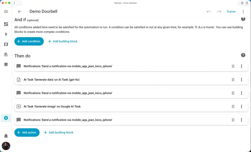 Captura de pantalla del editor de automatizaciones de Home Assistant, mostrando la sección de acciones para una automatización de ejemplo llamada "Demo Doorbell". La lista de acciones detalla un flujo que intercala el envío de notificaciones con el uso de las nuevas tareas de IA: "AI Task Generate data" y "AI Task Generate image".