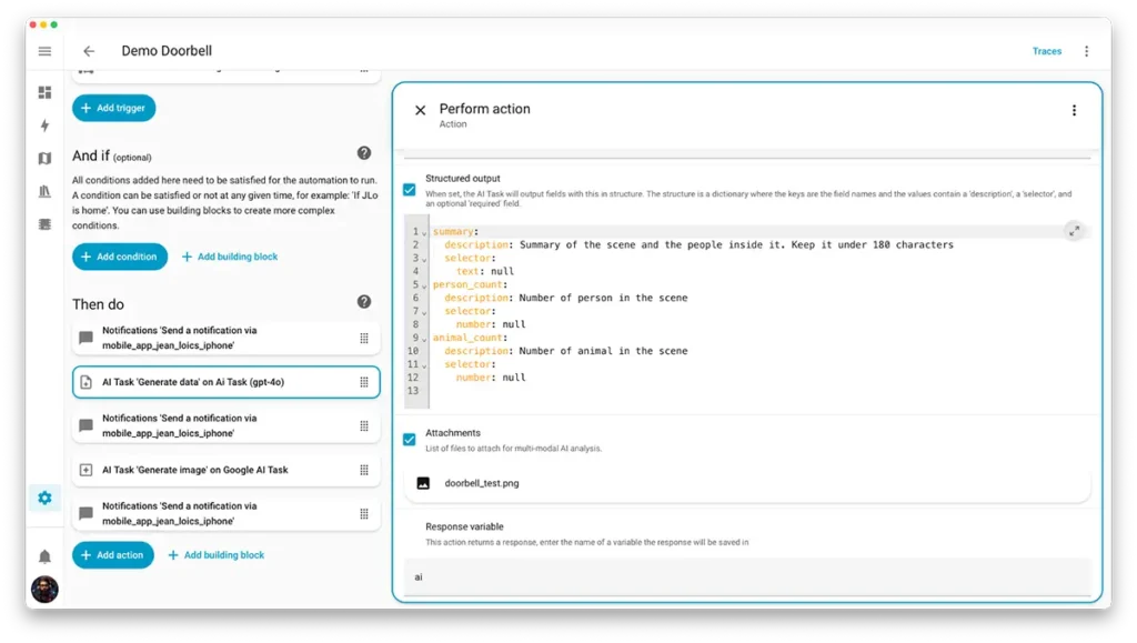Captura de pantalla del editor de automatizaciones de Home Assistant, demostrando la nueva barra lateral redimensionable. La barra lateral derecha se muestra expandida, ocupando más espacio horizontal para facilitar la configuración de una acción compleja.