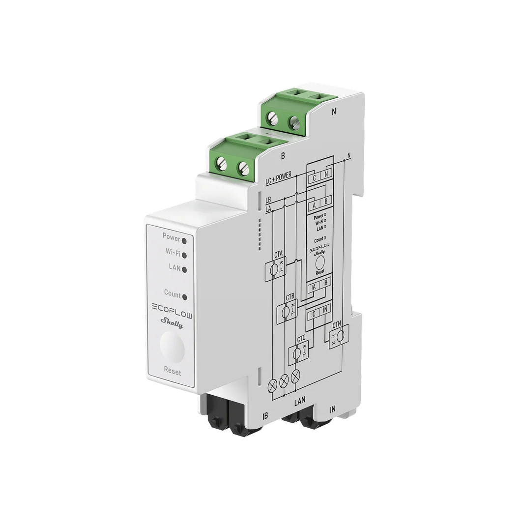 EcoFlow × Shelly Smart Meter para carril DIN con pinzas CT, Wi-Fi y MQTT