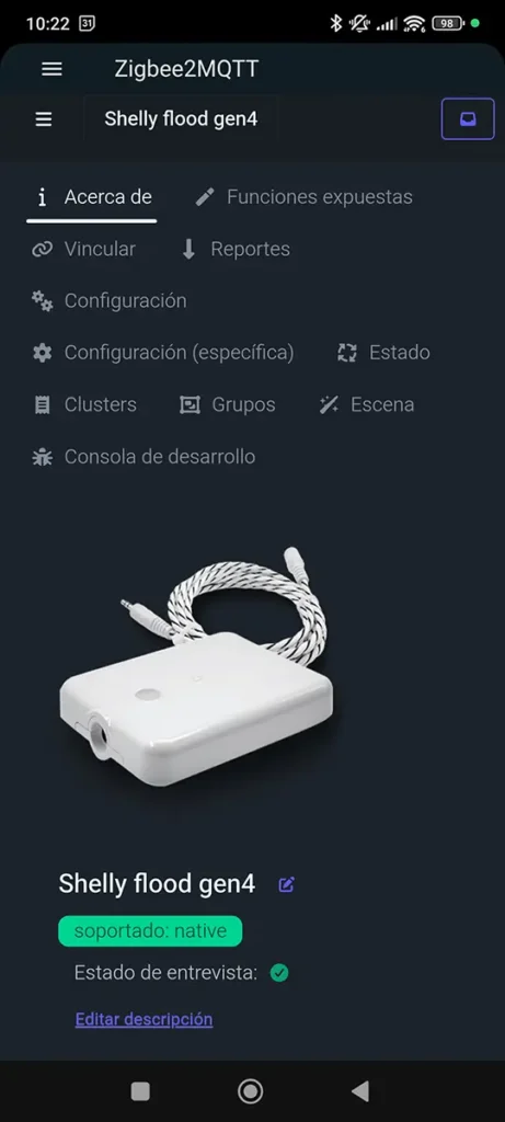 Panel de control de Zigbee2MQTT mostrando la integración del sensor Shelly flood gen4. La etiqueta verde "soportado: native" confirma su compatibilidad total y emparejamiento exitoso en una red Zigbee para Home Assistant.