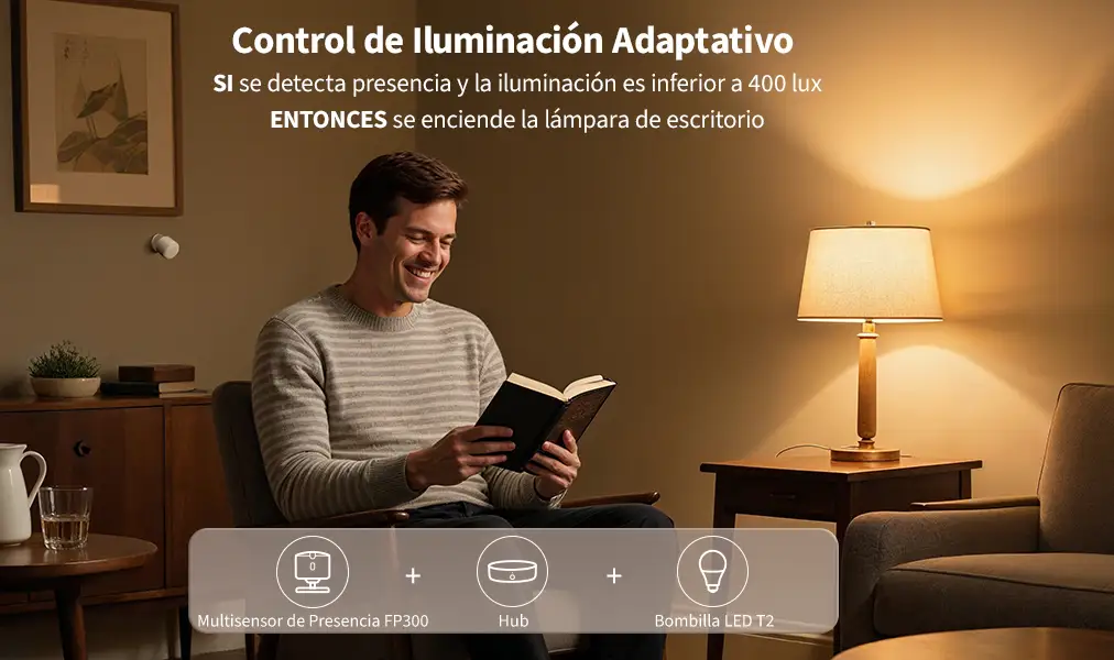 Ejemplo de control de iluminación adaptativo con Aqara: un sensor de presencia FP300 enciende automáticamente una lámpara para que un hombre pueda leer cómodamente.