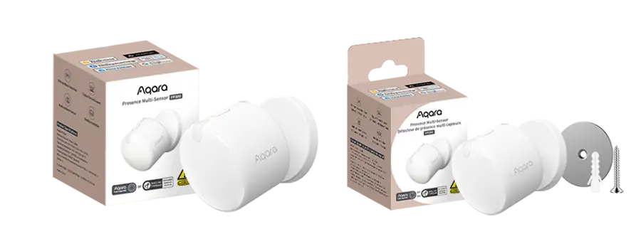 Comparativa de las dos versiones del Aqara FP300: el modelo PS-S04E estándar y el modelo PS-S04D que incluye la placa metálica y tornillería de montaje.