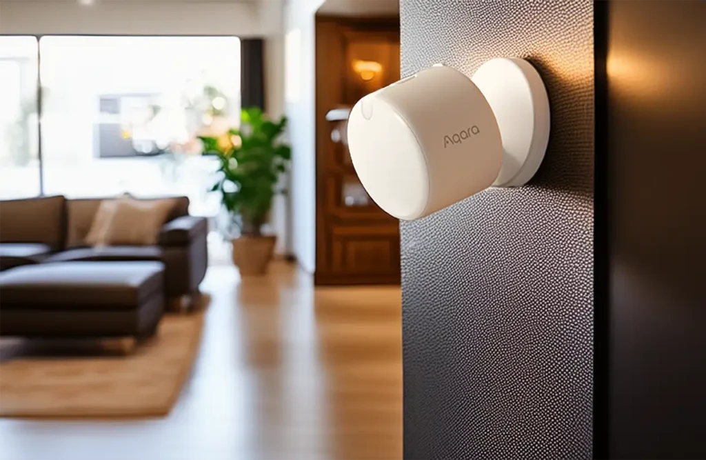 Sensor de presencia Aqara FP300 con tecnología mmWave instalado en la pared de un salón moderno