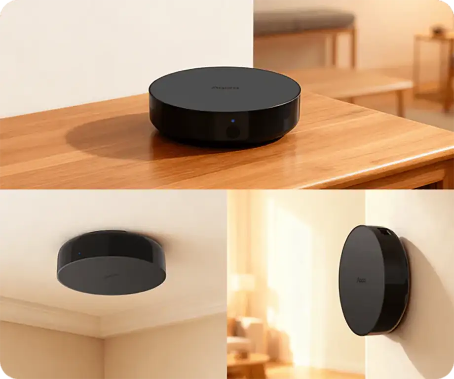 Composición de tres fotografías que ilustran la versatilidad de montaje del Aqara Hub M200. La imagen superior muestra el hub negro sobre una mesa de madera. Las imágenes inferiores lo muestran instalado en el techo de una habitación y montado verticalmente en una pared.